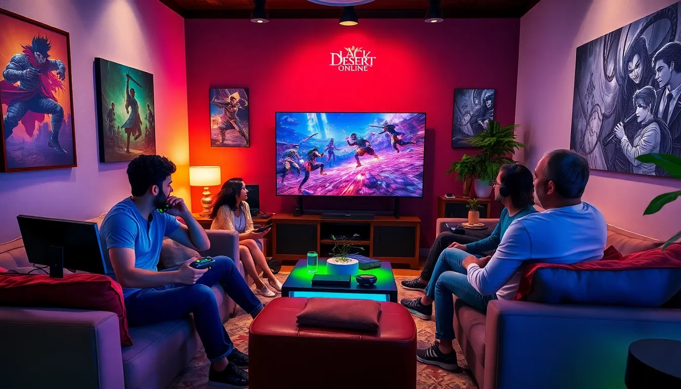 diverse gamers enjoying Black Desert Online on Xbox in a cozy living room.
