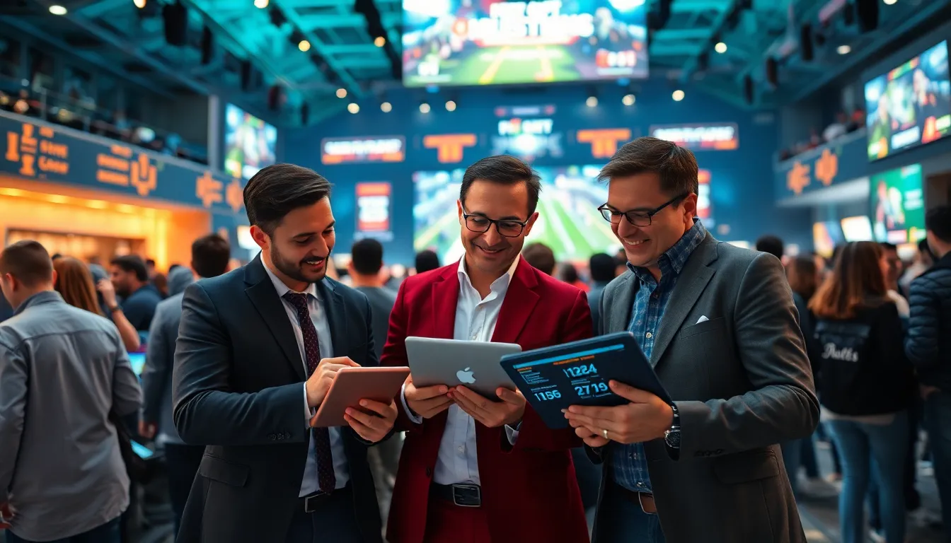 diverse group discussing esports betting in a vibrant arena.