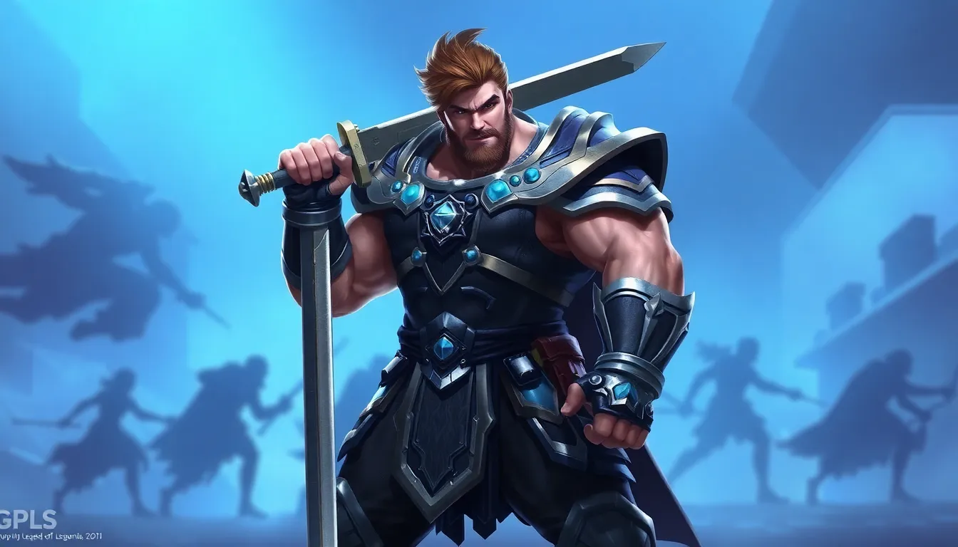 dynamic character resembling Garen in a fantasy gaming setting.