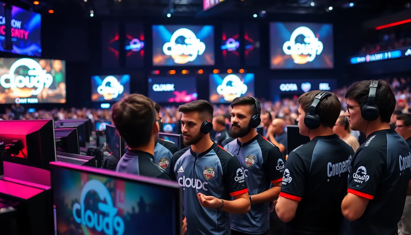 diverse gamers in a modern eSports arena discussing strategy.