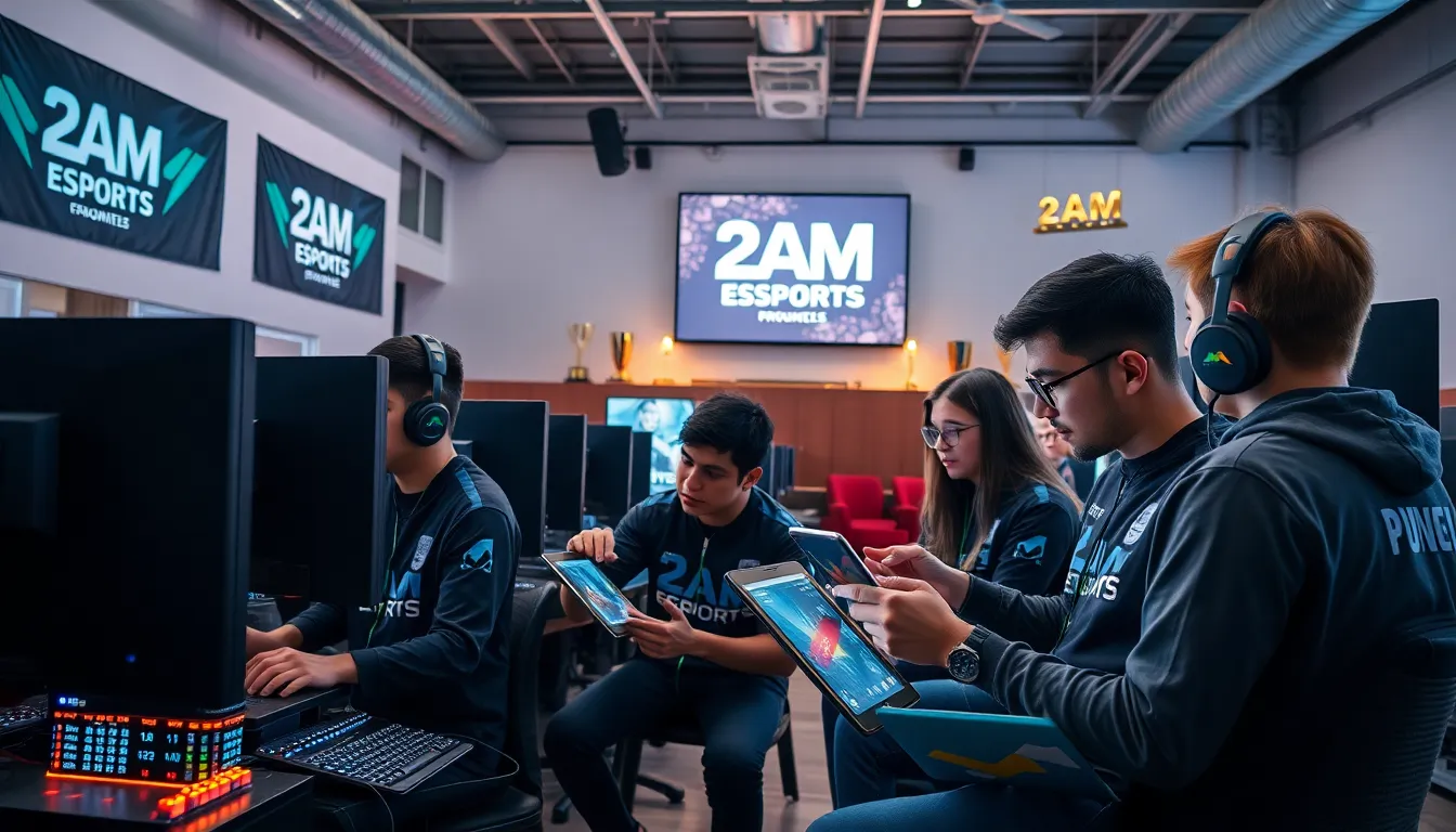 Diverse esports team engaged in gameplay within a modern training facility.