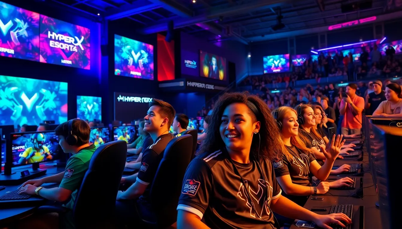 vibrant esports arena filled with gamers and spectators.