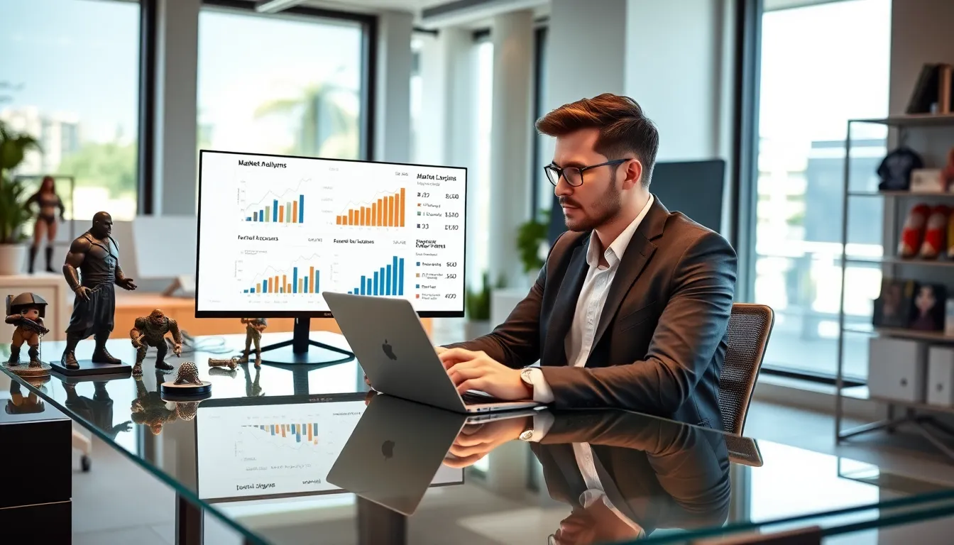 professional analyzing League of Legends account market trends in an office.