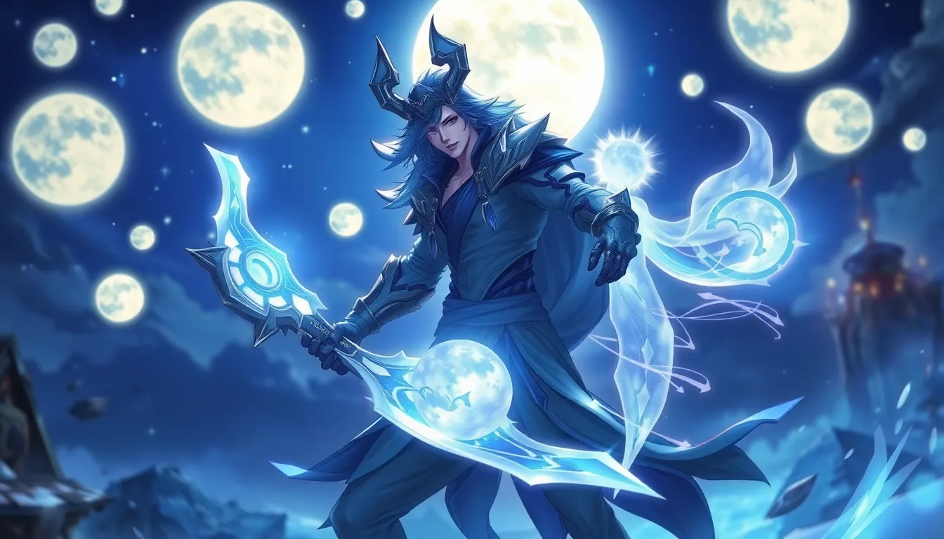 Aphelios from League of Legends with his spirit companion Alune in a celestial setting.